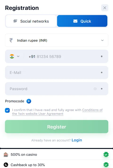 1win registration India